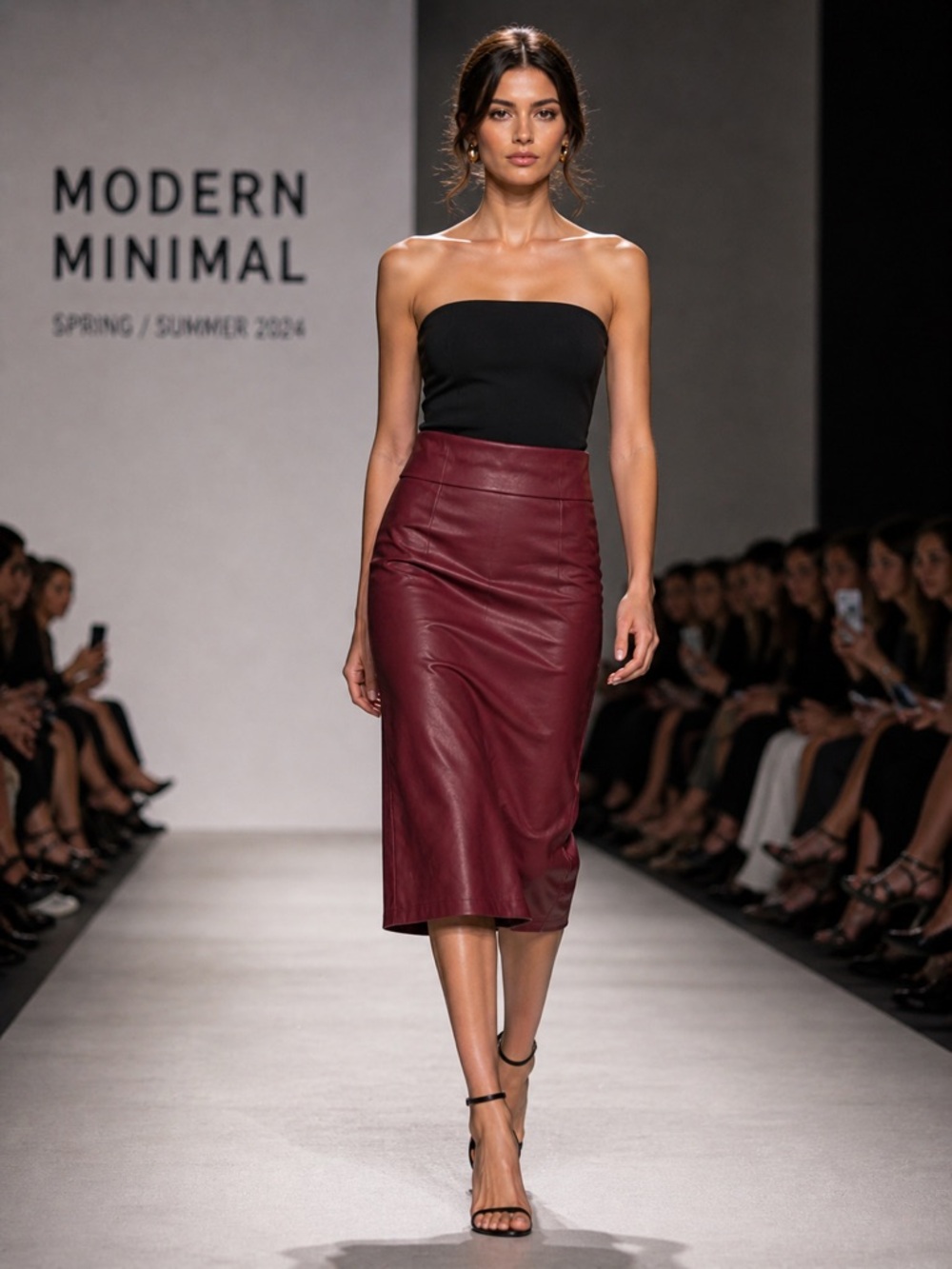 Simlu Burgundy Faux Leather Pencil Skirt Midi Slit Size S